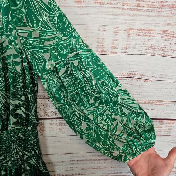 WHBM Silky Dress M Green Forest Fairy Floral Whimsy Pleated Ruched Lace up Neck - Picture 6 of 16